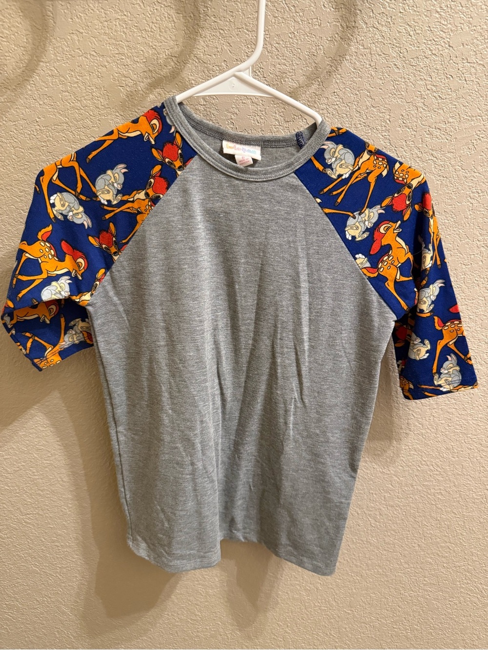 Kids Grey Raglan Tee with Blue Bambi Sleeves
